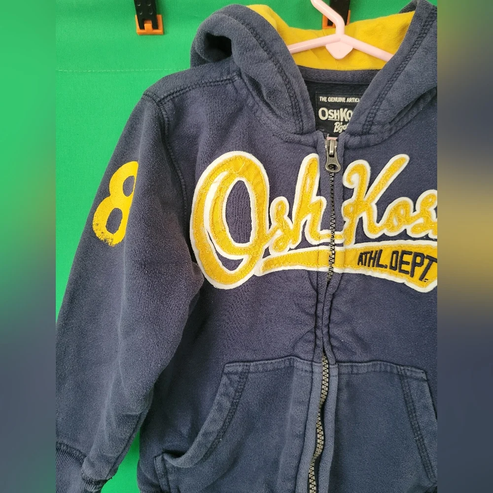 OshKosh B'gosh Hoodie Navy with Yellow Logo Jacket Boy Size 4 Toddler Zip-up